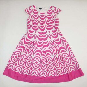 Talbots Women's Fit & Flare Dress Size 12 Cap Sleeve Pink White Knee Length